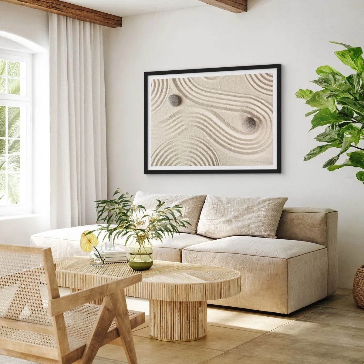 Poster in einem schwarzem Rahmen - Minimalistisches Zen-Design mit Sand und Steinen - 70x50cm - Ein Hauch von Wärme - Moderne Wanddekoration für Wohnzimmer und Schlafzimmer ARTTOR