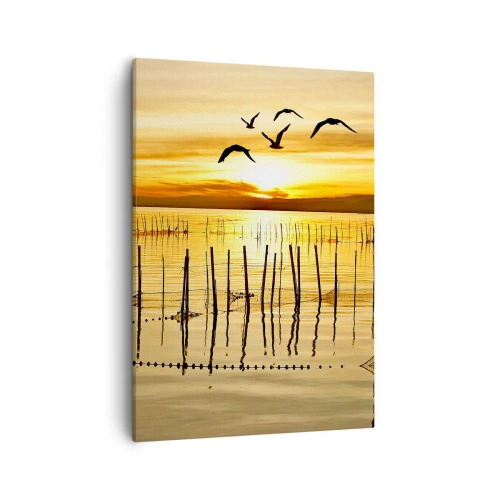 Bild auf Leinwand - Leinwandbild - Sonnenuntergang über dem Wasser mit Vögeln im Flug - 50x70cm - In der Fischerei - Moderne Wanddekoration für Wohnzimmer und Schlafzimmer ARTTOR