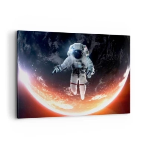 Bild auf Leinwand - Leinwandbild - Ein Astronaut schwebt über einer sonnenbeschienenen Erde - 120x80cm - Kann ich noch eine Weile bleiben? - Moderne Wanddekoration für Wohnzimmer und Schlafzimmer ARTTOR