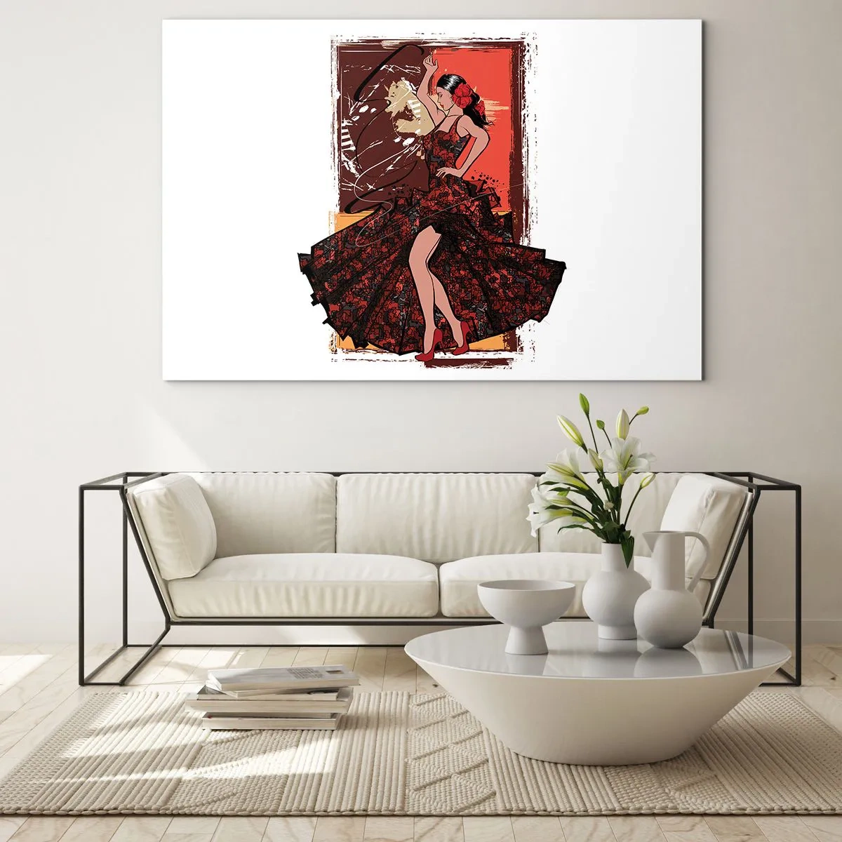 Glasbild - Bild auf glas - Flamenco-Tänzerin in einem eleganten rot-schwarzen Kleid - 70x50cm - Im Rhythmus des Herzens - Moderne Wanddekoration für Wohnzimmer und Schlafzimmer ARTTOR