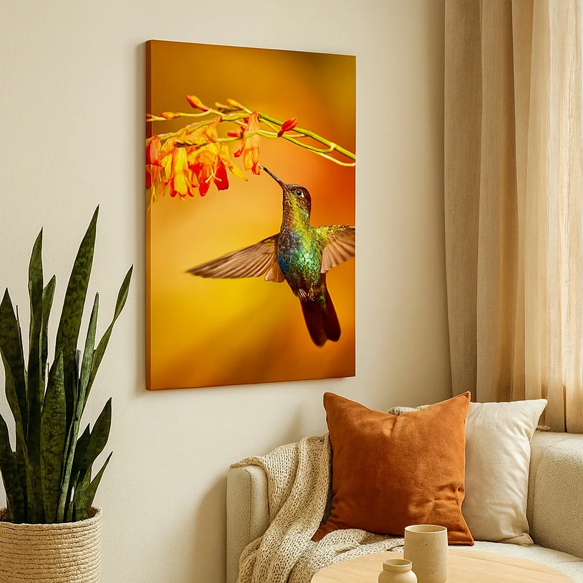 Bild auf Leinwand - Leinwandbild - Kolibri neben einer Blume im warmen Licht - 50x70cm - Ein Lichtbote nach den Maya - Moderne Wanddekoration für Wohnzimmer und Schlafzimmer ARTTOR