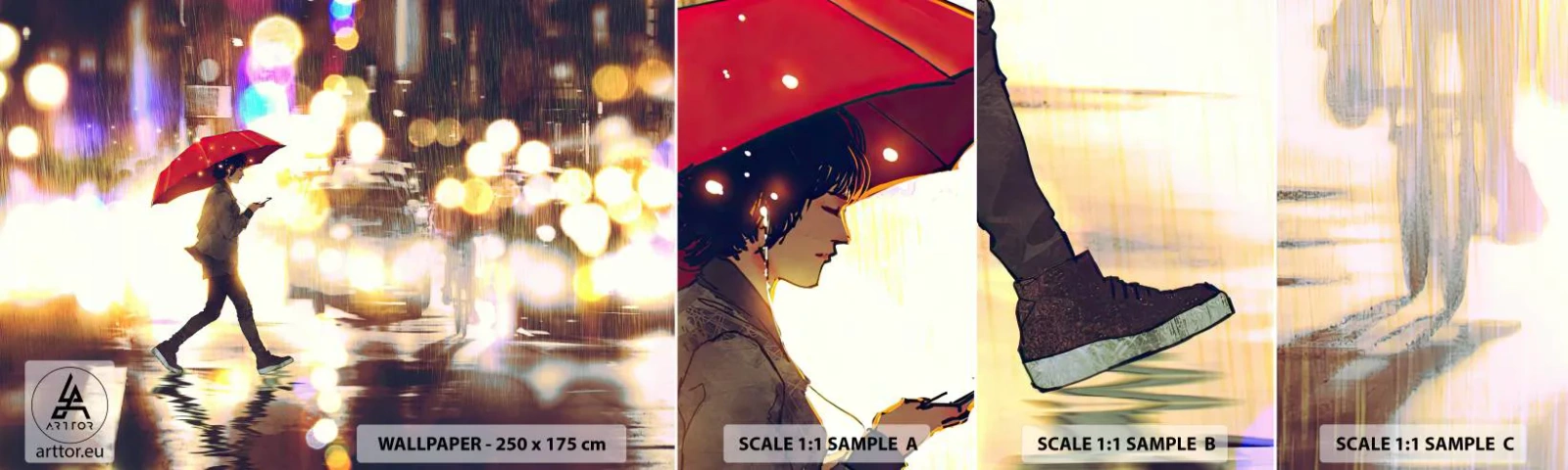 Fototapeten Muster Selbstklebend Deluxe Sticker - Und doch sonnig - Stadt, Im Regen spazieren gehen, Regenschirm - 100x30 cm