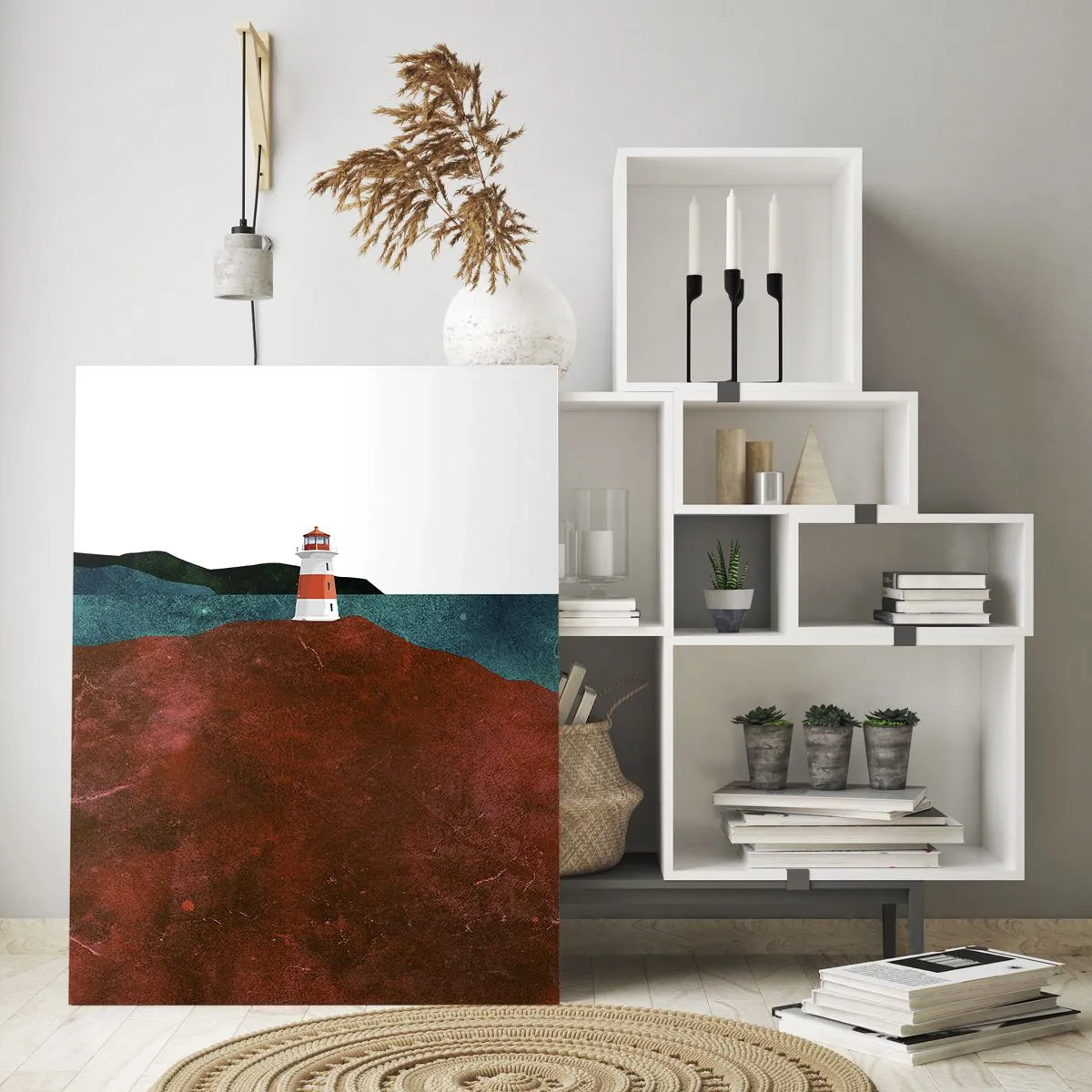 Glasbild - Bild auf glas - Ein Leuchtturm vor der Kulisse von Bergen und Meer - 70x100cm - Aufs Meer starren - Moderne Wanddekoration für Wohnzimmer und Schlafzimmer ARTTOR