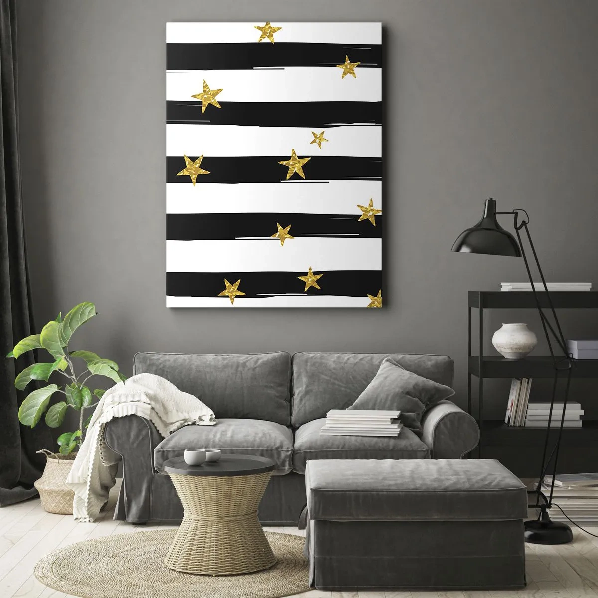 Bild auf Leinwand - Leinwandbild - Schwarz-weiße Streifen mit goldenen Sternen - 80x120cm - Wir wurden alle unter einem glücklichen Stern geboren - Moderne Wanddekoration für Wohnzimmer und Schlafzimmer ARTTOR