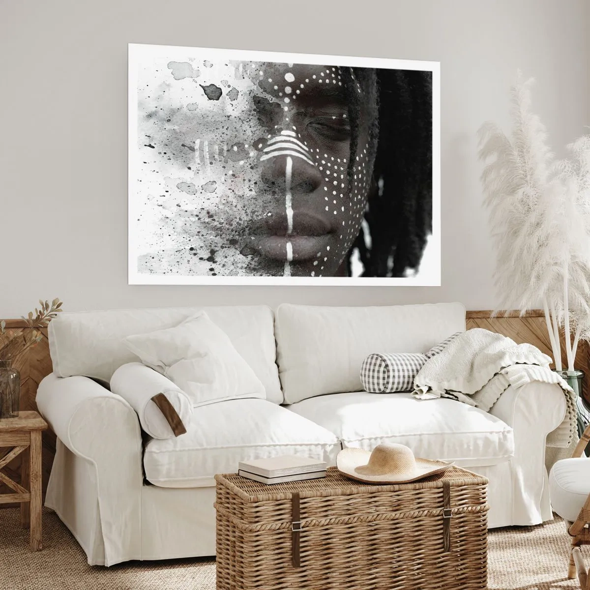 Poster - Künstlerisches Gesichtsporträt mit abstrakten weißen Mustern - 100x70cm - Entdecke den Urgeist - Moderne Wanddekoration für Wohnzimmer und Schlafzimmer ARTTOR