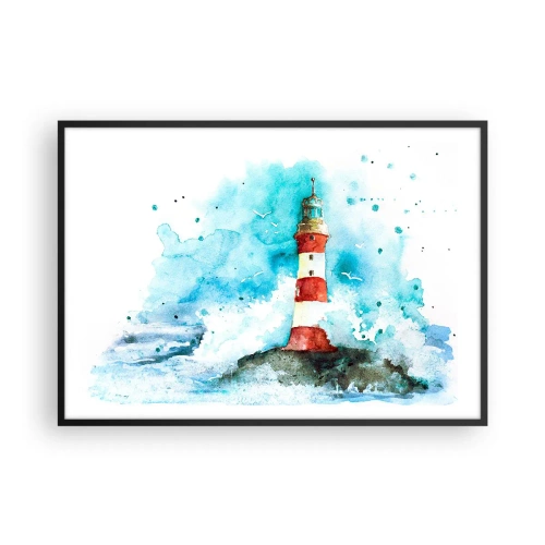 Poster in einem schwarzem Rahmen - Ein Leuchtturm in einer Aquarellumgebung mit blauem Hintergrund - 100x70cm - Einheit der Elemente - Moderne Wanddekoration für Wohnzimmer und Schlafzimmer ARTTOR