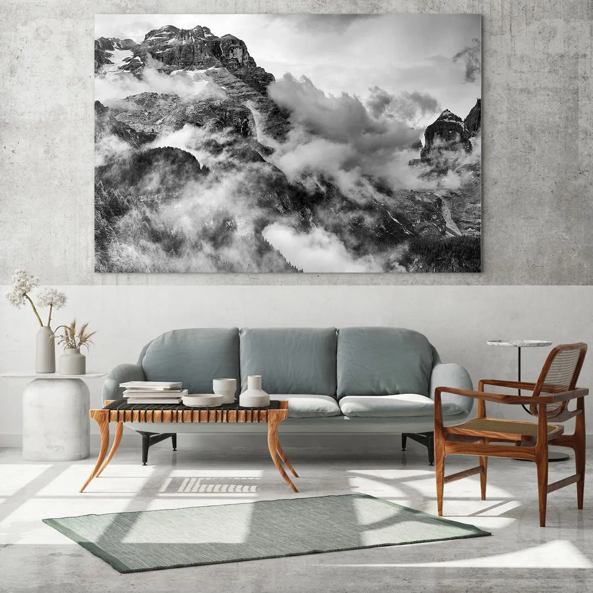 Glasbild - Bild auf glas - Schwarz-weiße Berge mit Nebel in den Tälern - 70x50cm - Schön und grausam - Moderne Wanddekoration für Wohnzimmer und Schlafzimmer ARTTOR
