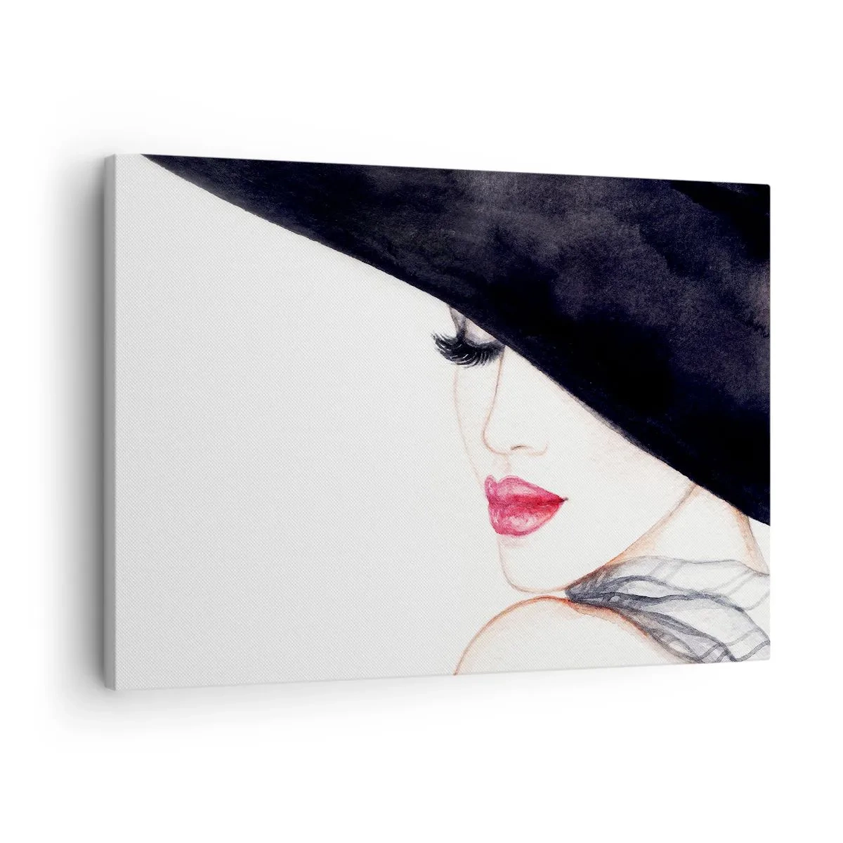Bild auf Leinwand - Leinwandbild - Eine subtile Illustration einer Frau mit schwarzem Hut und roten Lippen - 70x50cm - Eleganz und Sinnlichkeit - Moderne Wanddekoration für Wohnzimmer und Schlafzimmer ARTTOR