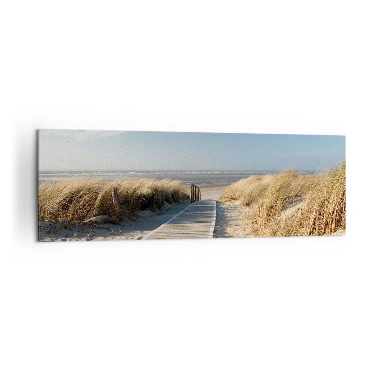 Bild auf Leinwand - Leinwandbild - Ein Holzweg führt durch die Dünen zum ruhigen Meer - 160x50cm - Hinter der Düne, im Rauschen des Grases - Moderne Wanddekoration für Wohnzimmer und Schlafzimmer ARTTOR