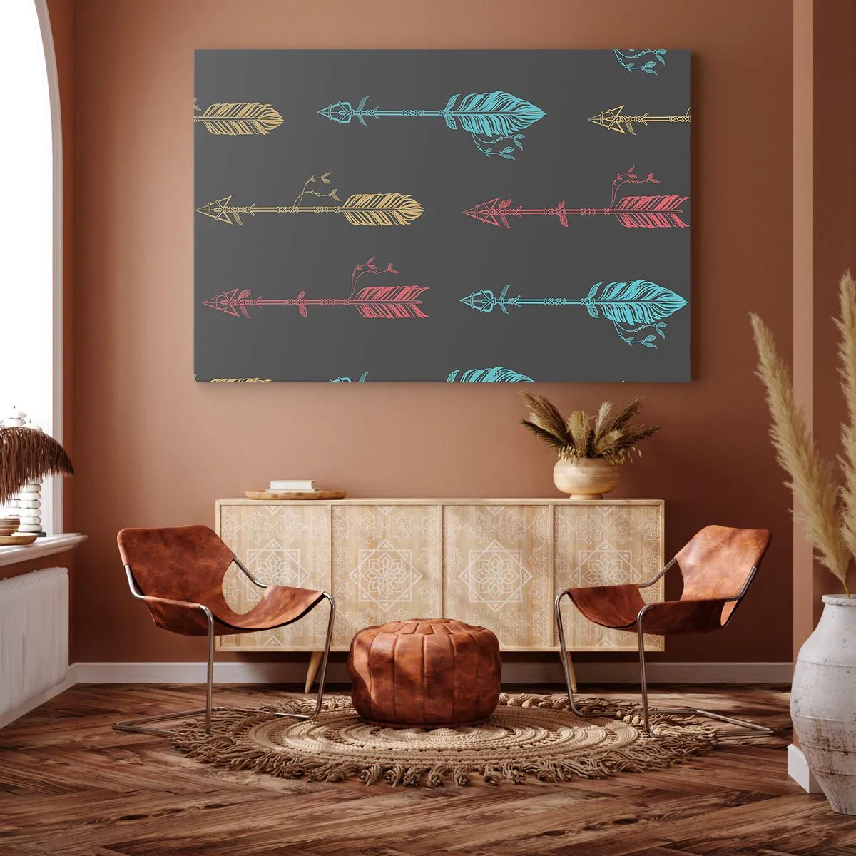 Bild auf Leinwand - Leinwandbild - Stilisiertes Pfeilmuster in Pastellfarben auf dunklem Hintergrund - 120x80cm - In der Verordnung - Moderne Wanddekoration für Wohnzimmer und Schlafzimmer ARTTOR