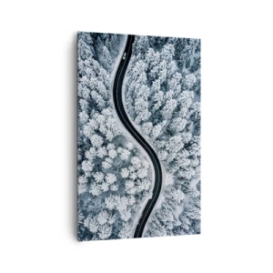 Bild auf Leinwand - Leinwandbild - Eine Vogelperspektive auf eine kurvenreiche Straße in einem Winterwald - 80x120cm - Durch den Winterwald - Moderne Wanddekoration für Wohnzimmer und Schlafzimmer ARTTOR