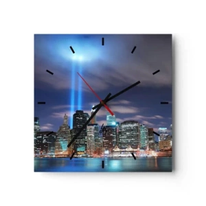 Wanduhr - Glasuhr - Nachtstadtpanorama mit zwei hellen Lichtstrahlen am Himmel - 30x30cm - Erreiche den Himmel mit dem Licht - Moderne Wanddekoration für Wohnzimmer und Schlafzimmer ARTTOR