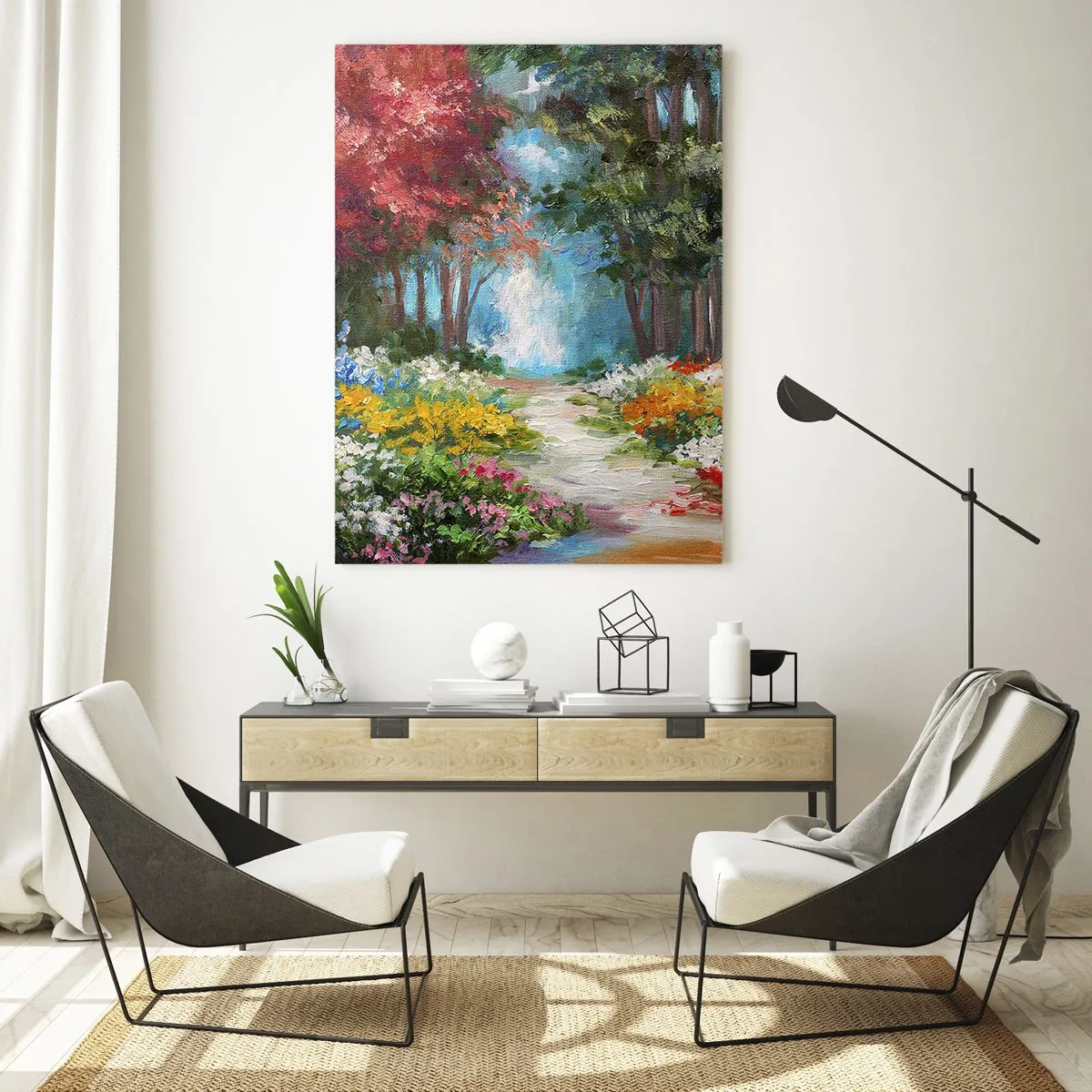 Glasbild - Bild auf glas - Ein farbenfroher Waldgarten mit blühenden Blumen - 50x70cm - Waldgarten, Blumenwald - Moderne Wanddekoration für Wohnzimmer und Schlafzimmer ARTTOR