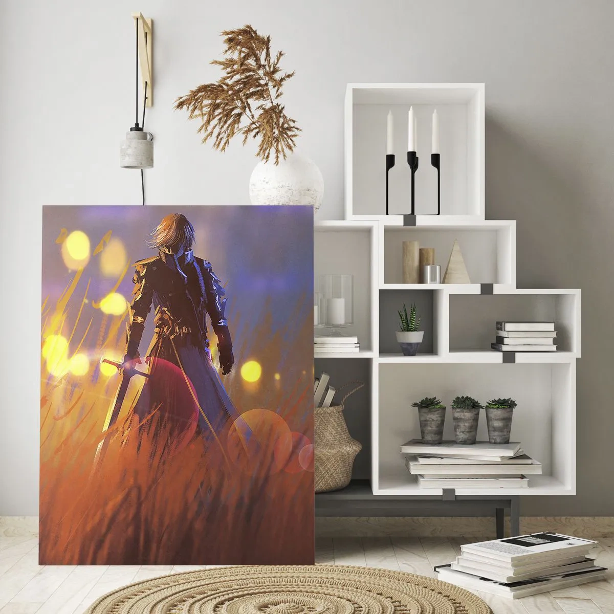 Glasbild - Bild auf glas - Die Figur eines Ritters im Licht der untergehenden Sonne auf einem Feld - 80x120cm - Fahrender Ritter - Moderne Wanddekoration für Wohnzimmer und Schlafzimmer ARTTOR