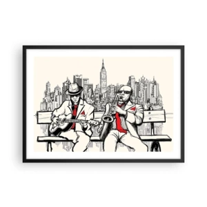 Poster in einem schwarzem Rahmen - Ein Jazzduo mit Saxophon und Gitarre vor der Kulisse der Stadt - 70x50cm - New Yorker Improvisation - Moderne Wanddekoration für Wohnzimmer und Schlafzimmer ARTTOR