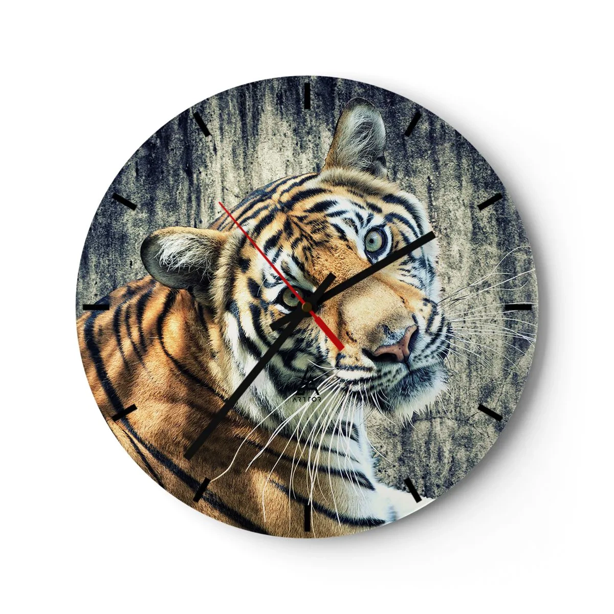 Wanduhr - Glasuhr - Porträt eines Tigers vor einer Steinmauer - 30x30cm - Portrait in Lichtstrahlen - Moderne Wanddekoration für Wohnzimmer, Küche und Schlafzimmer ARTTOR