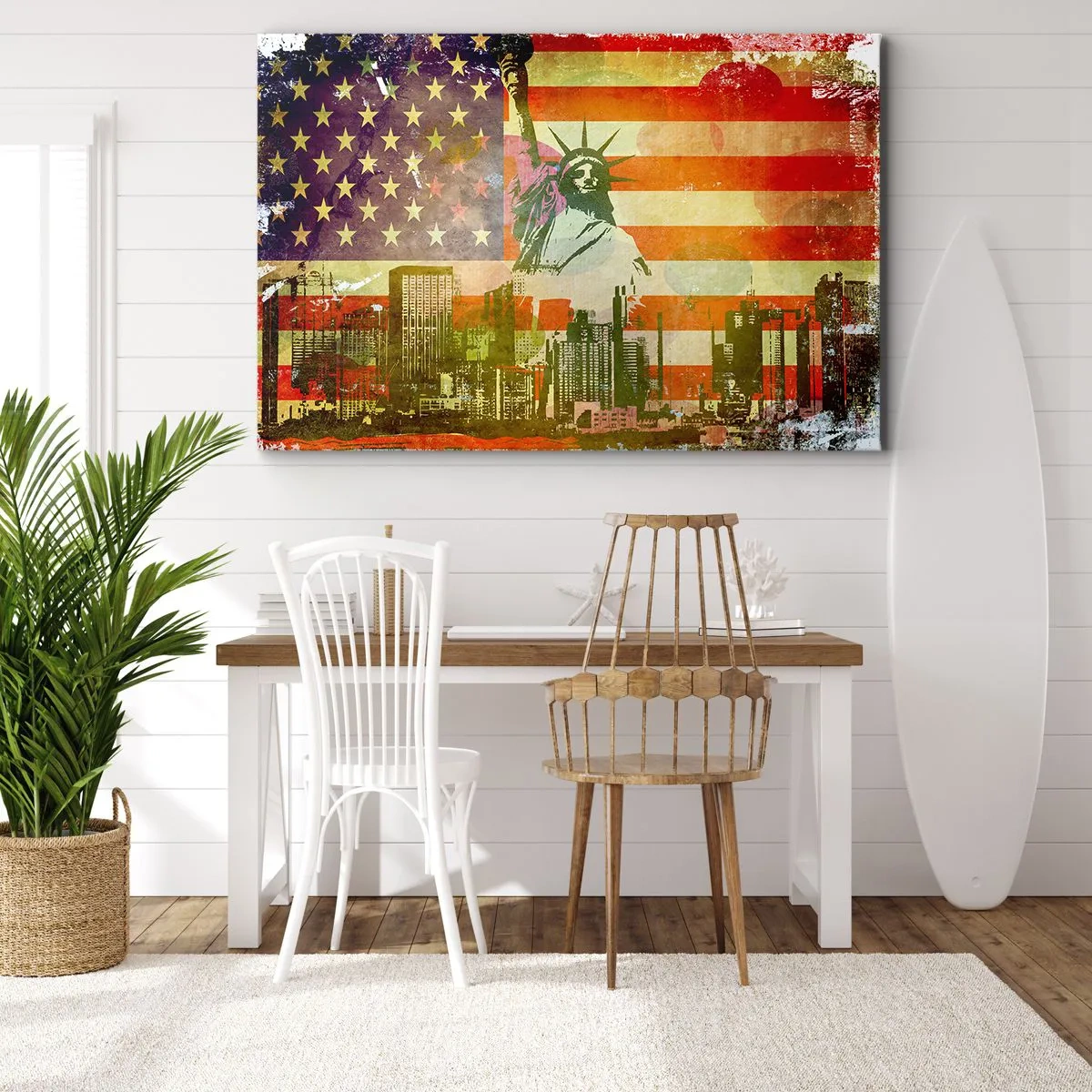 Bild auf Leinwand - Leinwandbild - Die Freiheitsstatue vor dem Hintergrund der amerikanischen Flagge und der Skyline der Stadt - 100x70cm - Viva Amerika! - Moderne Wanddekoration für Wohnzimmer und Schlafzimmer ARTTOR