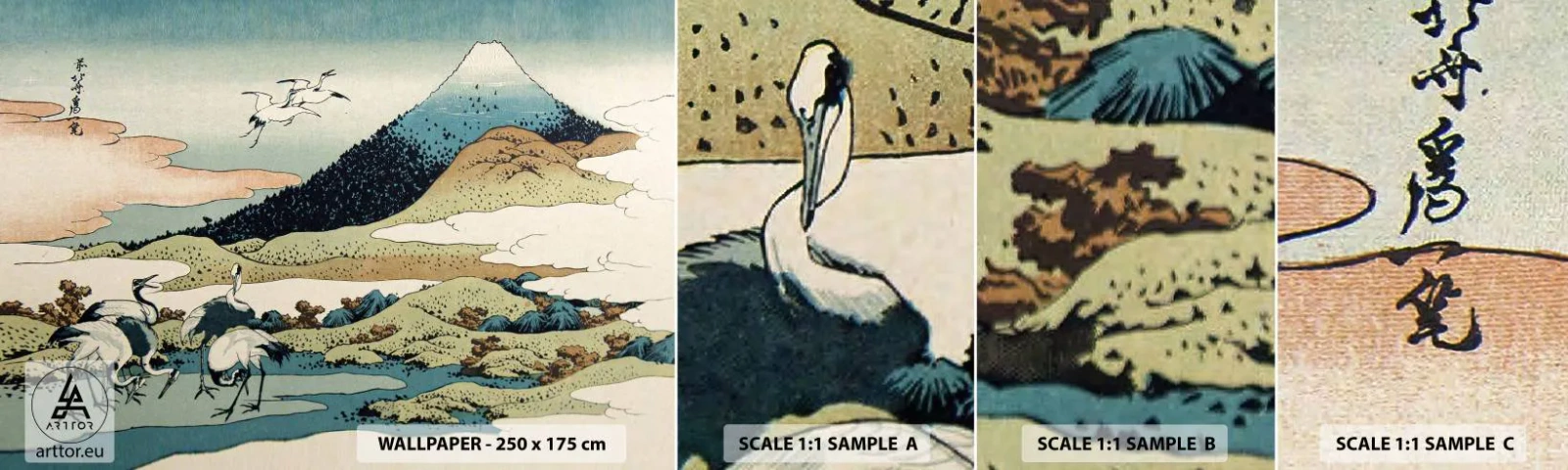 Fototapeten Muster Selbstklebend Deluxe Sticker - Im japanischen Geist - Storch, Vogel, Landschaft - 100x30 cm