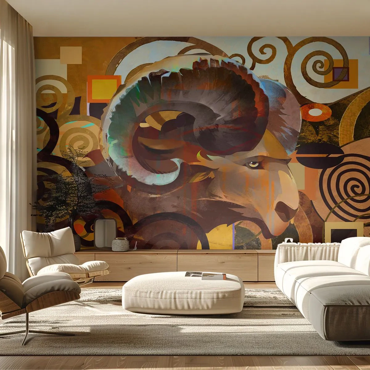 Fototapete Premium Sand - Stilisierter Widder in abstrakter Komposition - 100x70cm - Magie - Religionen - Rituale - Moderne Wanddekoration für Wohnzimmer und Schlafzimmer ARTTOR