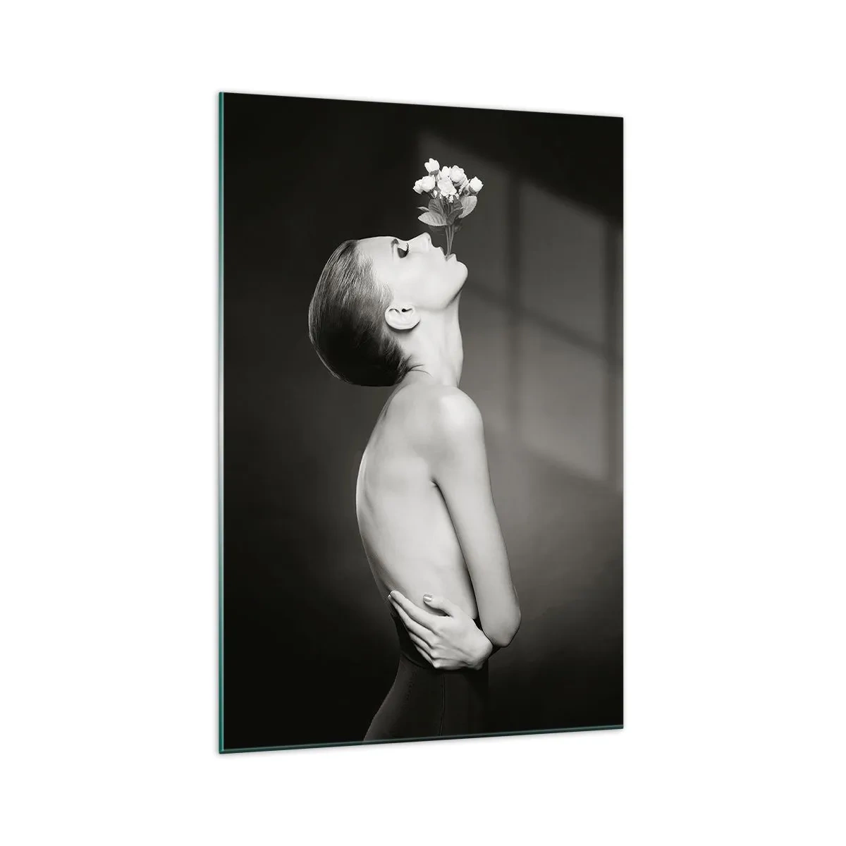 Glasbild - Bild auf glas - Schwarz-weiße Silhouette einer Frau mit einer Blume - 70x100cm - Exzentrische Eleganz - Moderne Wanddekoration für Wohnzimmer und Schlafzimmer ARTTOR