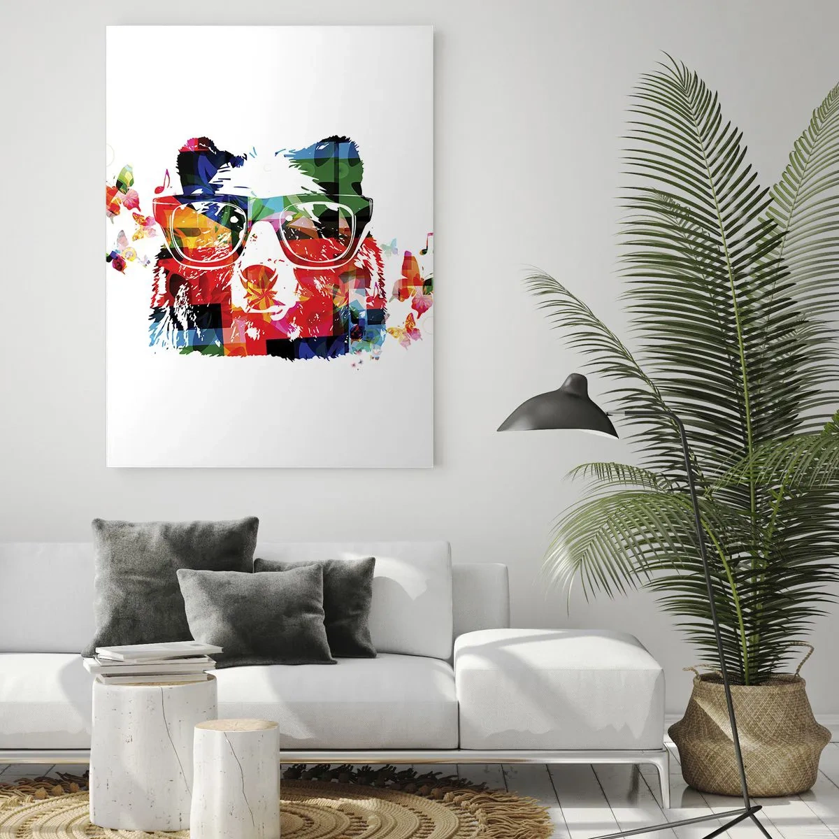 Glasbild - Bild auf glas - Bunter Bär mit Brille im Pop-Art-Stil mit musikalischem Thema - 50x70cm - Ich mag! - Moderne Wanddekoration für Wohnzimmer und Schlafzimmer ARTTOR