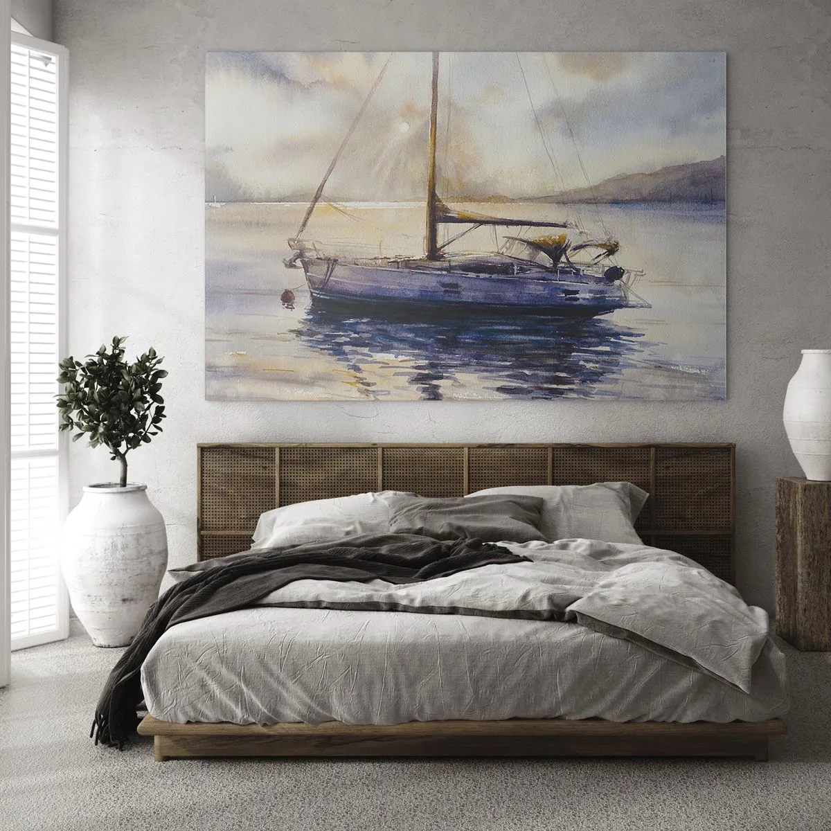 Glasbild - Bild auf glas - Eine Yacht, die in der Abenddämmerung in einer ruhigen Bucht vor Anker liegt - 70x50cm - Abend in der Bucht - Moderne Wanddekoration für Wohnzimmer und Schlafzimmer ARTTOR