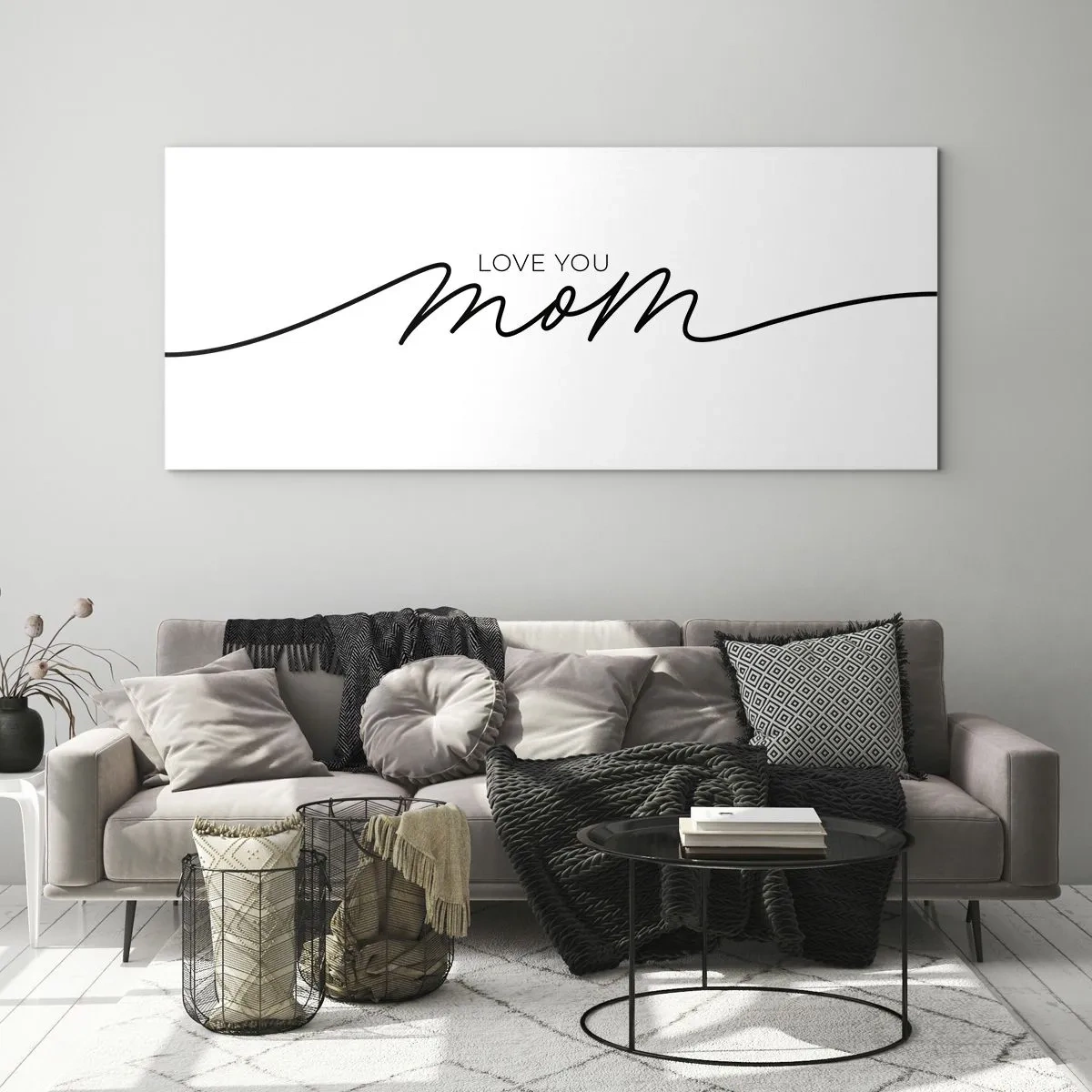 Glasbild - Bild auf glas - Minimalistische Love You Mom-Inschrift auf weißem Hintergrund - 120x50cm - Große Emotionen - Moderne Wanddekoration für Wohnzimmer und Schlafzimmer ARTTOR
