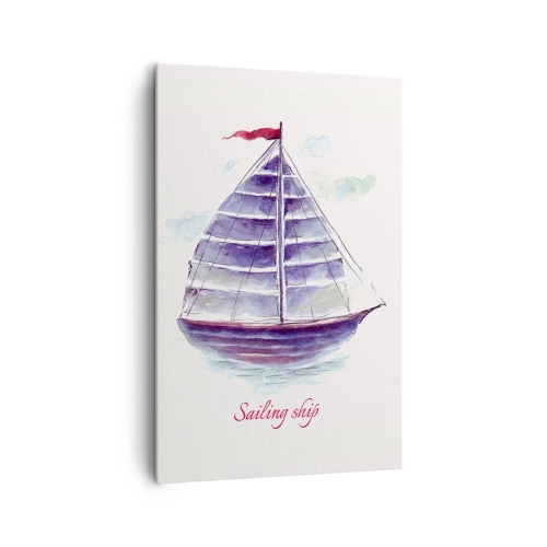 Bild auf Leinwand - Leinwandbild - Ein Aquarell eines Segelboots auf dem Wasser mit einer zarten Inschrift - 80x120cm - Volle Segel und ruhiges Wasser - Moderne Wanddekoration für Wohnzimmer und Schlafzimmer ARTTOR