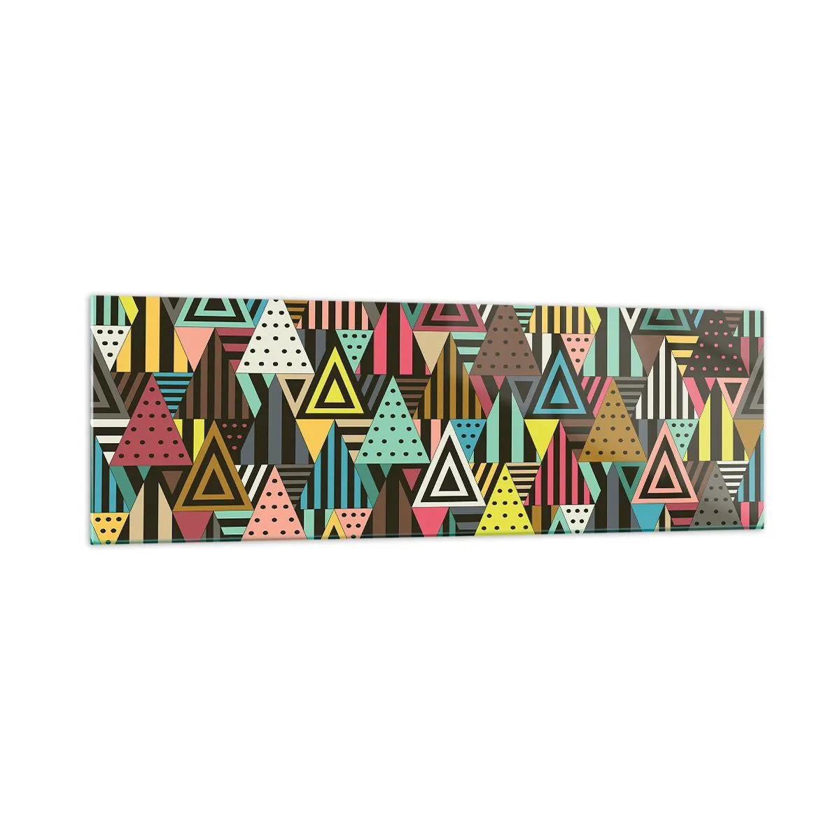Glasbild - Bild auf glas - Buntes geometrisches Muster mit Dreiecken und Linien - 160x50cm - Im Rhythmus auf drei - Moderne Wanddekoration für Wohnzimmer und Schlafzimmer ARTTOR