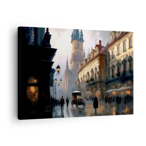 Bild auf Leinwand - Leinwandbild - Abendliche Straßenszene mit historischer Architektur - 70x50cm - Charme eines Prager Abends - Moderne Wanddekoration für Wohnzimmer und Schlafzimmer ARTTOR