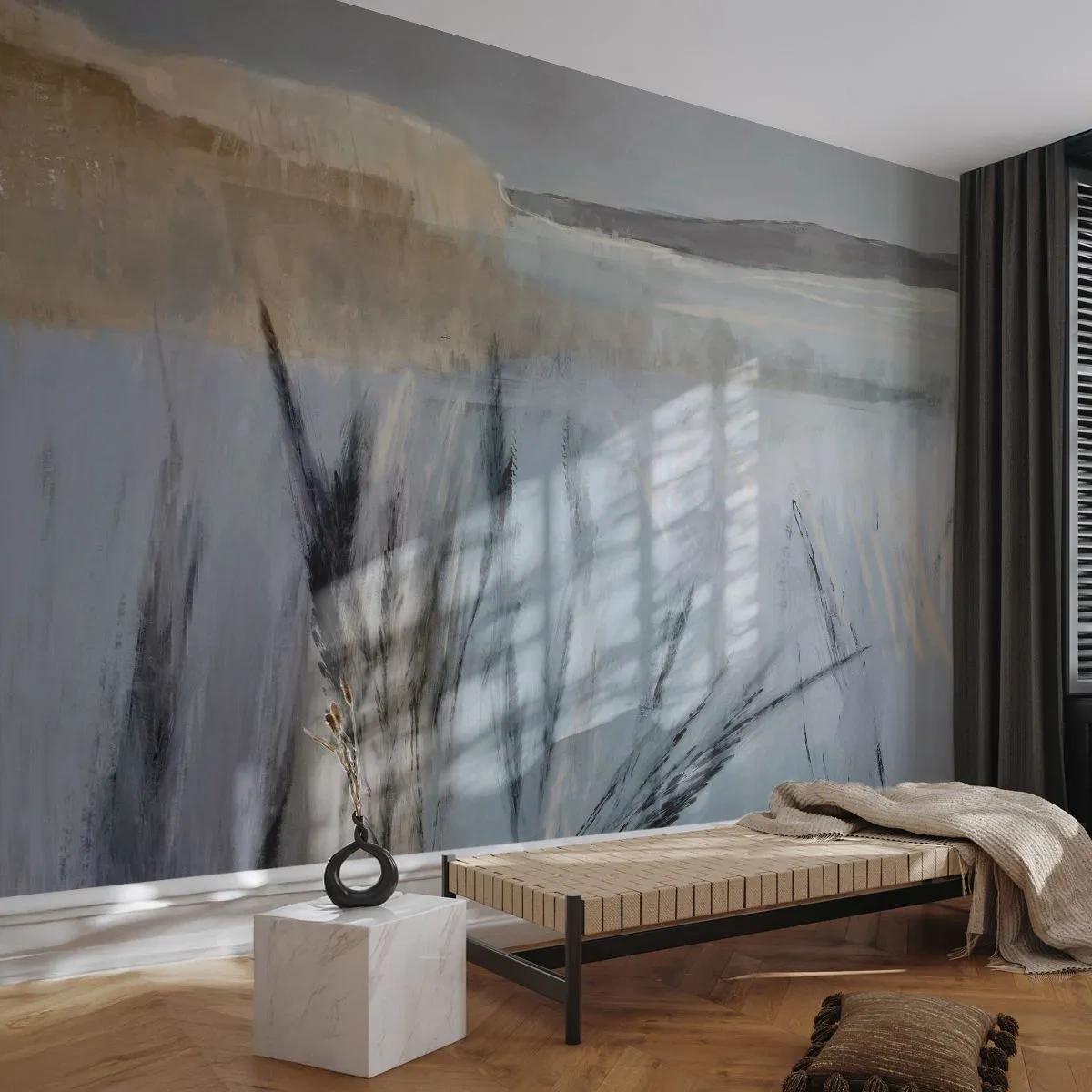 Fototapete Premium Sand - Malerische Wintergrasfelder vor pastellfarbenem Himmel - 100x70cm - Winterfelder - Moderne Wanddekoration für Wohnzimmer und Schlafzimmer ARTTOR