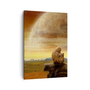 Bild auf Leinwand - Leinwandbild - Affen sitzen auf einem Felsen in einer surrealen Landschaft mit einem riesigen Planeten - 50x70cm - Die Liebe ist überall gleich - Moderne Wanddekoration für Wohnzimmer und Schlafzimmer ARTTOR