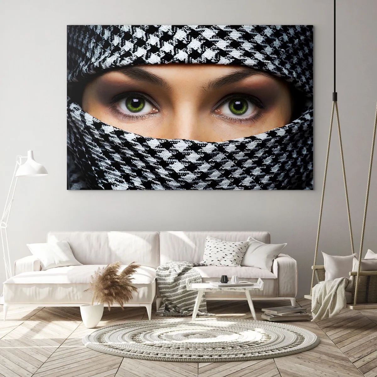 Glasbild - Bild auf glas - Grüne Augen, umgeben von einem schwarz-weißen Muster - 120x80cm - Ein Porträt einer verschleierten grünäugigen Schönheit - Moderne Wanddekoration für Wohnzimmer und Schlafzimmer ARTTOR