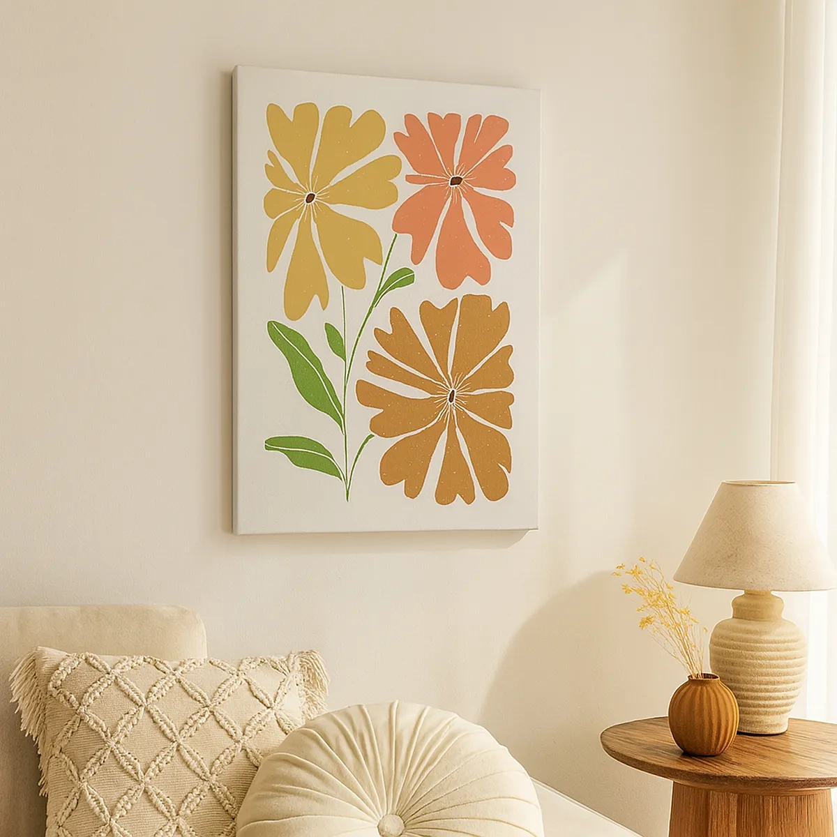 Bild auf Leinwand - Leinwandbild - Drei Blumen in warmen Farben auf hellem Hintergrund - 50x70cm - Natur und Geometrie - Moderne Wanddekoration für Wohnzimmer und Schlafzimmer ARTTOR