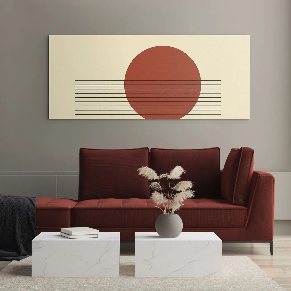 Glasbild - Bild auf glas - Abstrakter roter Kreis mit Linien auf beigem Hintergrund. - 140x50cm - Immer wieder und weiter - Moderne Wanddekoration für Wohnzimmer und Schlafzimmer ARTTOR