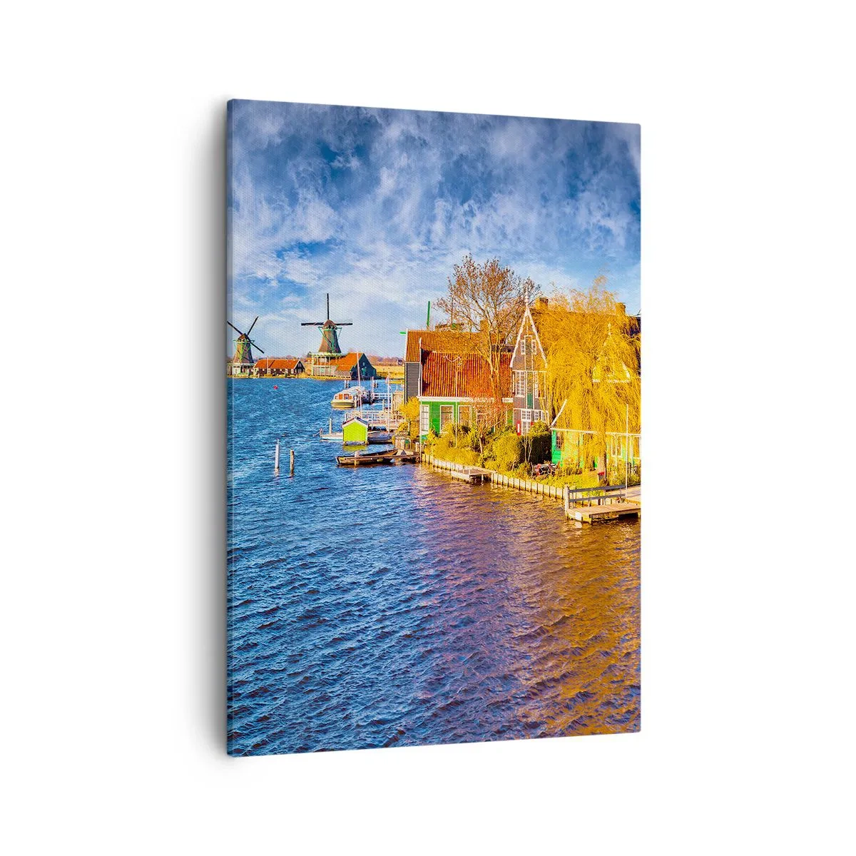 Bild auf Leinwand - Leinwandbild - Malerische Häuser und Windmühlen am Wasser - 50x70cm - Seit Jahrhunderten keine Veränderung - Moderne Wanddekoration für Wohnzimmer und Schlafzimmer ARTTOR