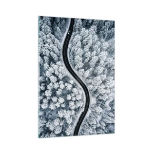 Glasbild - Bild auf glas - Eine kurvenreiche Straße durch einen Winterwald, von einer Drohne aus gesehen - 50x70cm - Durch den Winterwald - Moderne Wanddekoration für Wohnzimmer und Schlafzimmer ARTTOR