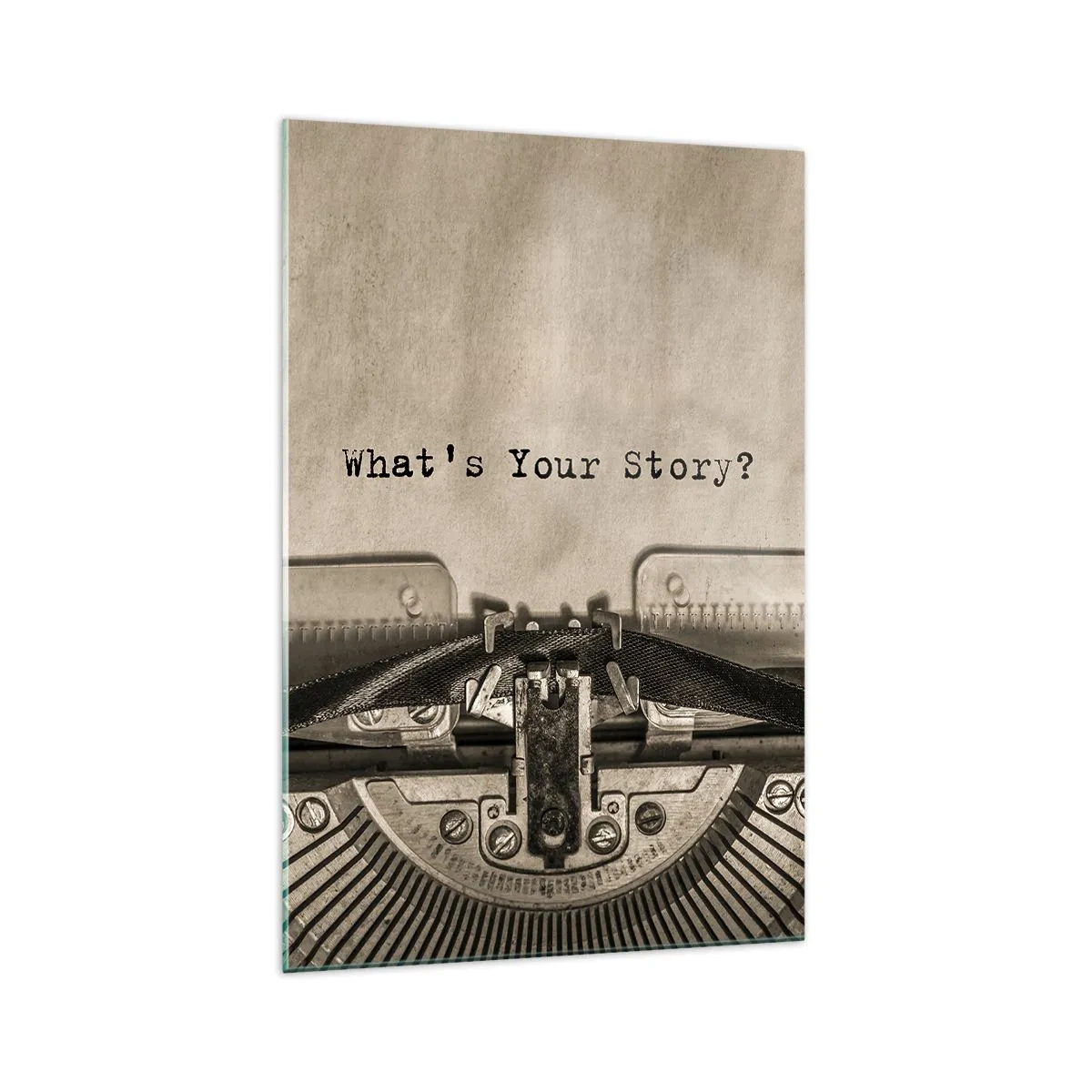 Glasbild - Bild auf glas - Eine Schreibmaschine mit den Worten „Was ist Ihre Geschichte?“ - 70x100cm - Erzähl es mir - Moderne Wanddekoration für Wohnzimmer und Schlafzimmer ARTTOR