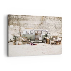 Bild auf Leinwand - Leinwandbild - Ein Retro-Camper im Boho-Design vor einer felsigen Landschaft. - 100x70cm - Es ist die Zeit, die Reise zu beginnen - Moderne Wanddekoration für Wohnzimmer und Schlafzimmer ARTTOR