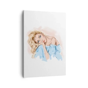 Bild auf Leinwand - Leinwandbild - Porträt einer Frau in einem blauen Kleid mit blonden Haaren - 50x70cm - Verträumt im Blau - Moderne Wanddekoration für Wohnzimmer und Schlafzimmer ARTTOR