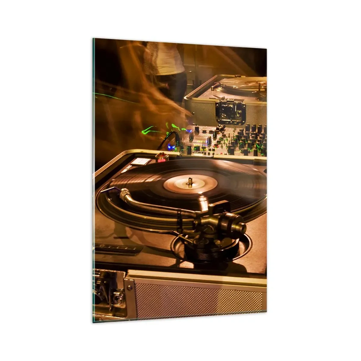 Glasbild - Bild auf glas - DJ-Equipment mit Plattenspieler und Mixer während einer Party - 80x120cm - Kannst du die Kraft spüren? - Moderne Wanddekoration für Wohnzimmer und Schlafzimmer ARTTOR