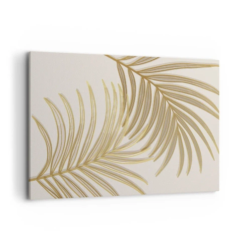 Bild auf Leinwand - Leinwandbild - Goldene Palmblätter auf hellem Hintergrund im minimalistischen Stil - 100x70cm - Goldene Palme! - Moderne Wanddekoration für Wohnzimmer und Schlafzimmer ARTTOR