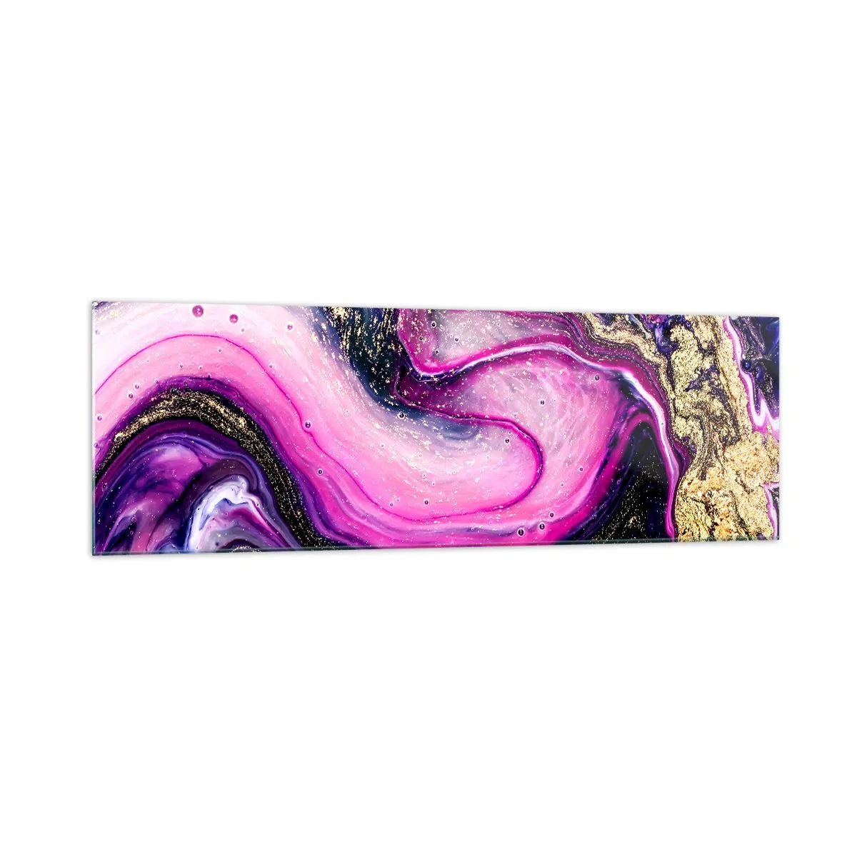 Glasbild - Bild auf glas - Abstrakte Wellen in Lila- und Goldtönen - 160x50cm - Ein Moment hinter den Kulissen - Moderne Wanddekoration für Wohnzimmer und Schlafzimmer ARTTOR