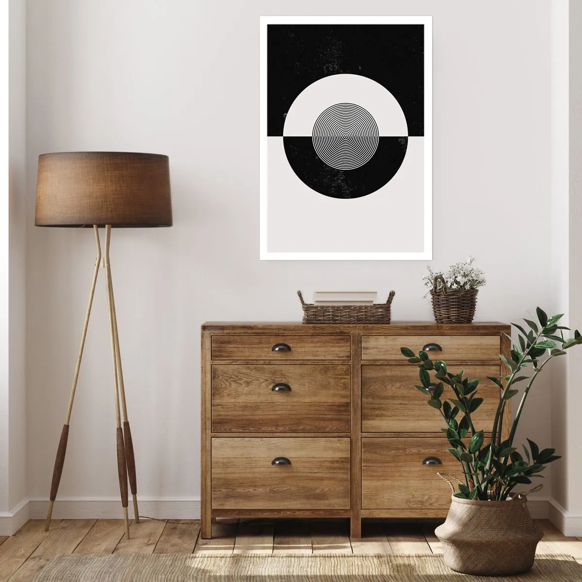 Poster - Geometrisches Muster in Schwarz und Weiß mit einem konzentrischen Kreis - 50x70cm - Harmonie in Schwarz und Weiß - Moderne Wanddekoration für Wohnzimmer und Schlafzimmer ARTTOR