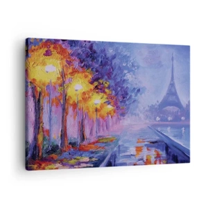 Bild auf Leinwand - Leinwandbild - Eine Allee mit Lampen in Paris mit dem Eiffelturm im Hintergrund - 70x50cm - Ein Traumspaziergang - Moderne Wanddekoration für Wohnzimmer und Schlafzimmer ARTTOR