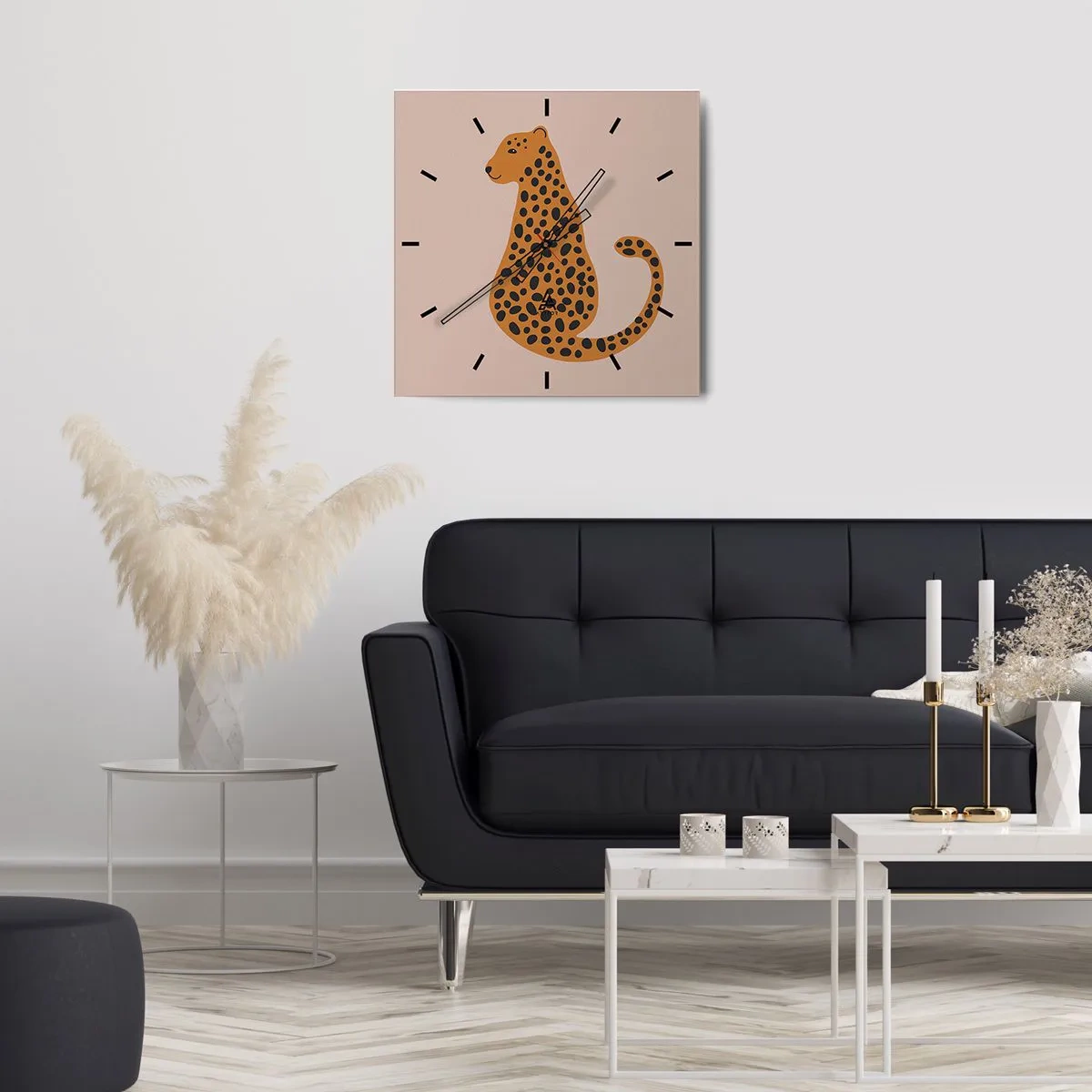Wanduhr - Glasuhr - Eine minimalistische Zeichnung eines Panthers auf beigem Hintergrund - 30x30cm - Leopardenmuster ist ein modisches Muster - Moderne Wanddekoration für Wohnzimmer und Schlafzimmer ARTTOR