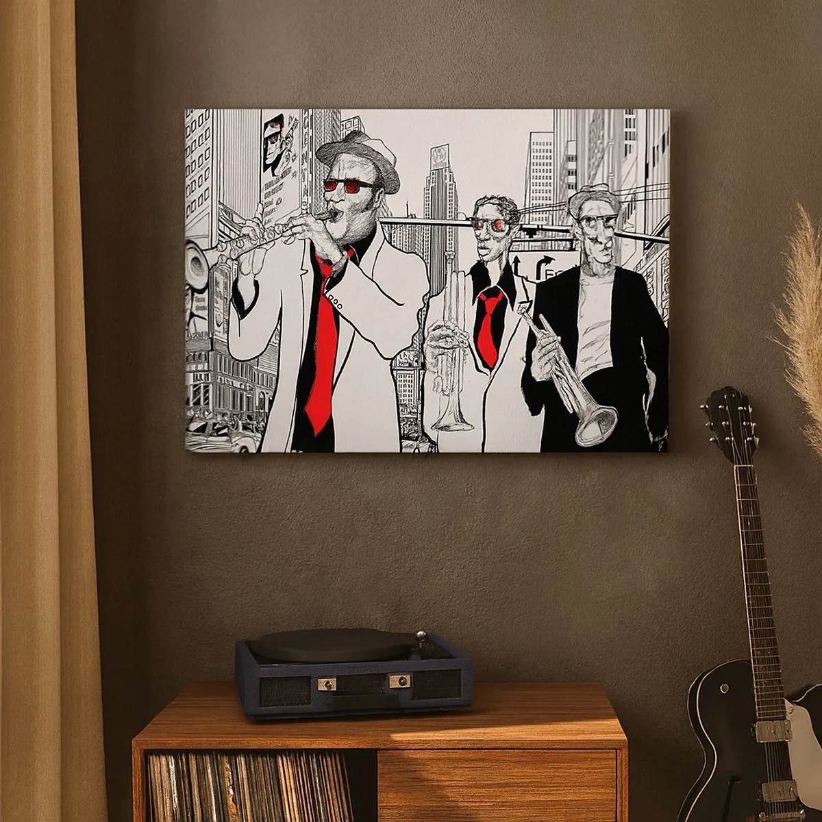 Bild auf Leinwand - Leinwandbild - Illustration von Jazzmusikern vor urbaner Kulisse - 70x50cm - Urbane Rhapsodie in Schwarz und Rot - Moderne Wanddekoration für Wohnzimmer und Schlafzimmer ARTTOR
