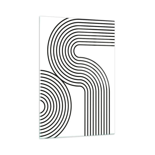 Glasbild - Bild auf glas - Ein abstraktes Gemälde mit schwarzen Linien, die geometrische Muster auf weißem Hintergrund erzeugen. - 70x100cm - An der Kurve - Moderne Wanddekoration für Wohnzimmer und Schlafzimmer ARTTOR