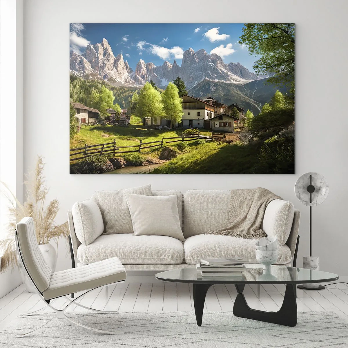 Glasbild - Bild auf glas - Ländliche Entwicklung im Grünen am Fuße der Alpengipfel - 70x50cm - Alpenidylle - Moderne Wanddekoration für Wohnzimmer und Schlafzimmer ARTTOR