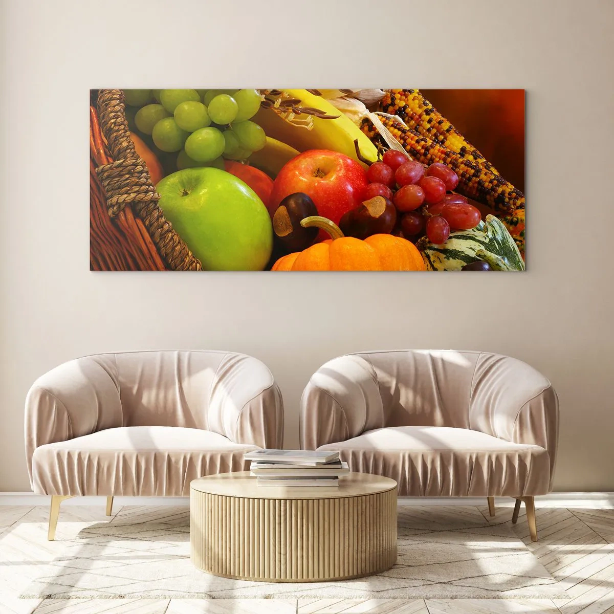 Glasbild - Bild auf glas - Ein Korb mit Obst, Kürbissen und Mais vor einem Hintergrund aus Herbstfarben. - 140x50cm - Ein Korb voller Ernte - Moderne Wanddekoration für Wohnzimmer und Schlafzimmer ARTTOR